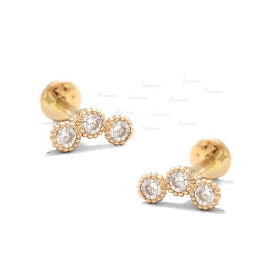 14K Gold 0.24 Ct. Three Diamonds Beaded Bezel Set Studs Fine Earrings