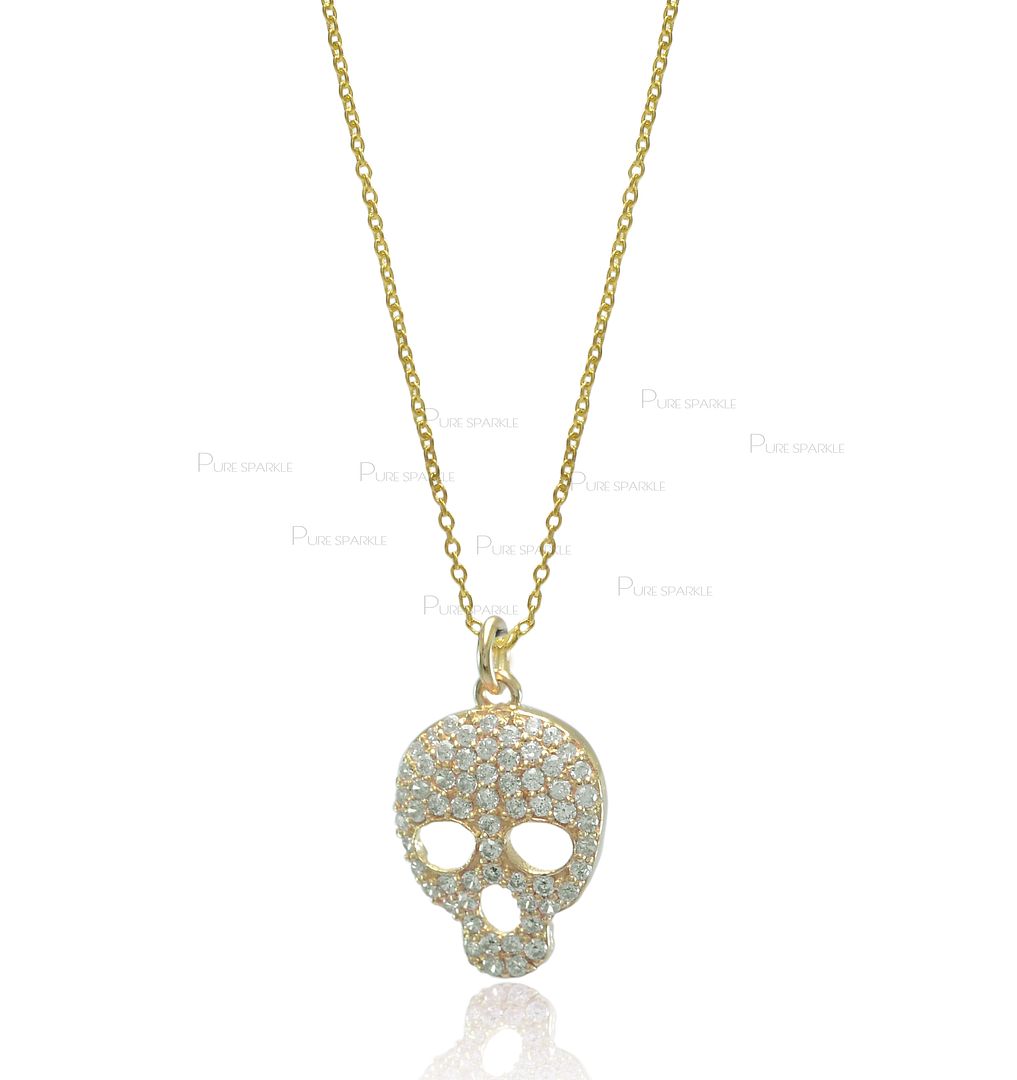 14K Gold 0.21 Ct. Diamond Skull Halloween Pendant Necklace Fine Jewelry
