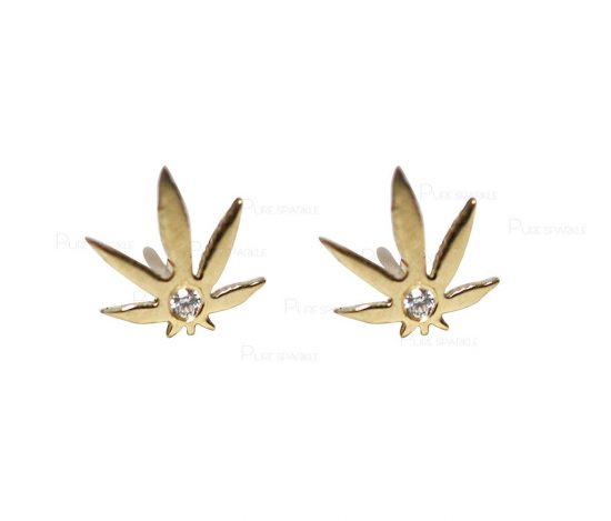 14K Gold 0.10 Ct. Diamond Minimalist Leaf Studs Earrings Fine Jewelry