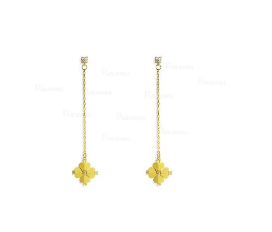 14K Gold 0.32 Ct. Diamond Flower Design Drop Chain Earrings Fine Jewelry