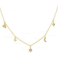 14K Gold Diamond Heart Starburst Moon Disc Lightning Bolt Charm Necklace