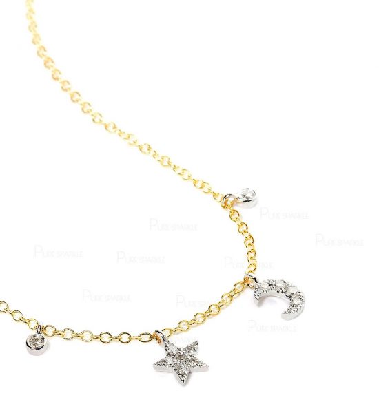 14K Gold 0.20 Ct. Diamond Star Moon Charm Pendant Necklace Fine Jewelry