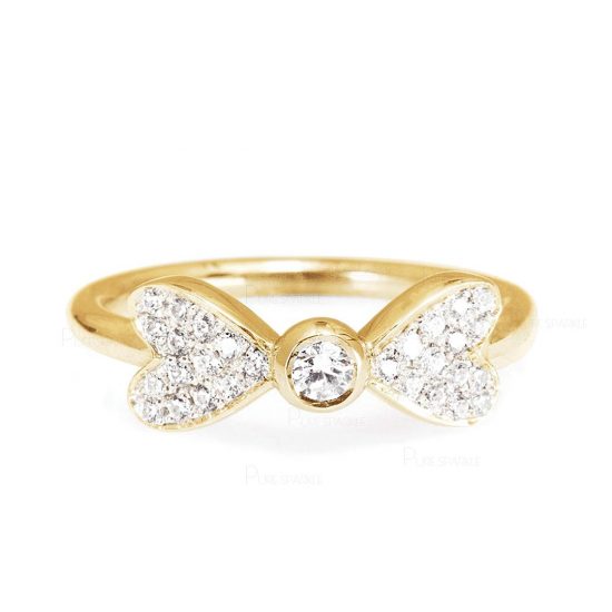 14K Gold 0.25 Ct. Diamond Love Heart Bow Design Ring Fine Jewelry
