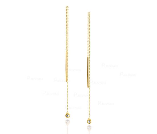 14K Gold 0.20Ct. Diamond Multi Piercing Bar Chain Threader Fine Earrings