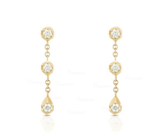 14K Gold 0.40 Ct. Three Diamond Drop Chain Earrings Fine Jewelry