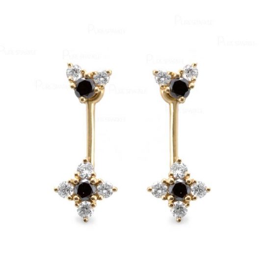 14K Gold 0.70 Ct. White-Black Diamond Flower Design Jacket Stud Earrings