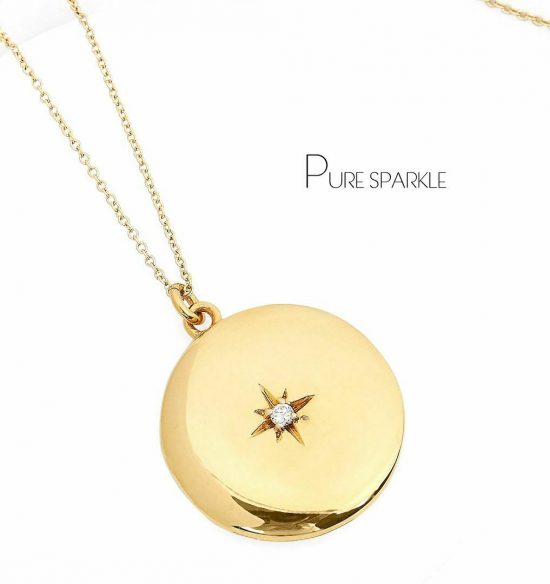 14K Gold 0.01 Ct. Diamond Engraved Starburst Disc Charm Pendant Necklace