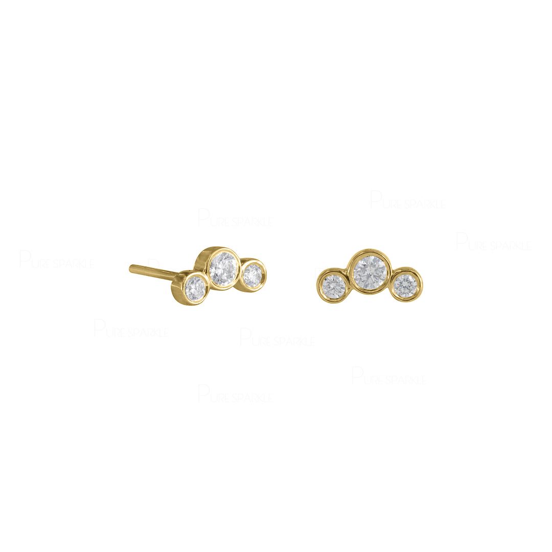 14K Gold 0.23 Ct. Bezel Set Three Diamond Mini Stud Earring Fine Jewelry
