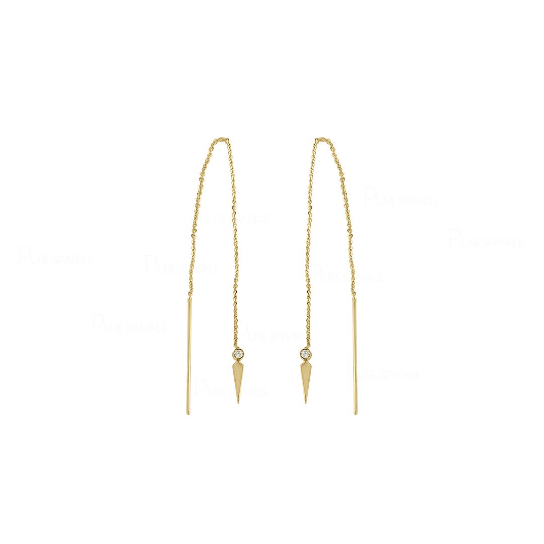 14K Gold 0.10 Ct. Diamond Bar Dagger Chain Threader Earring Fine Jewelry