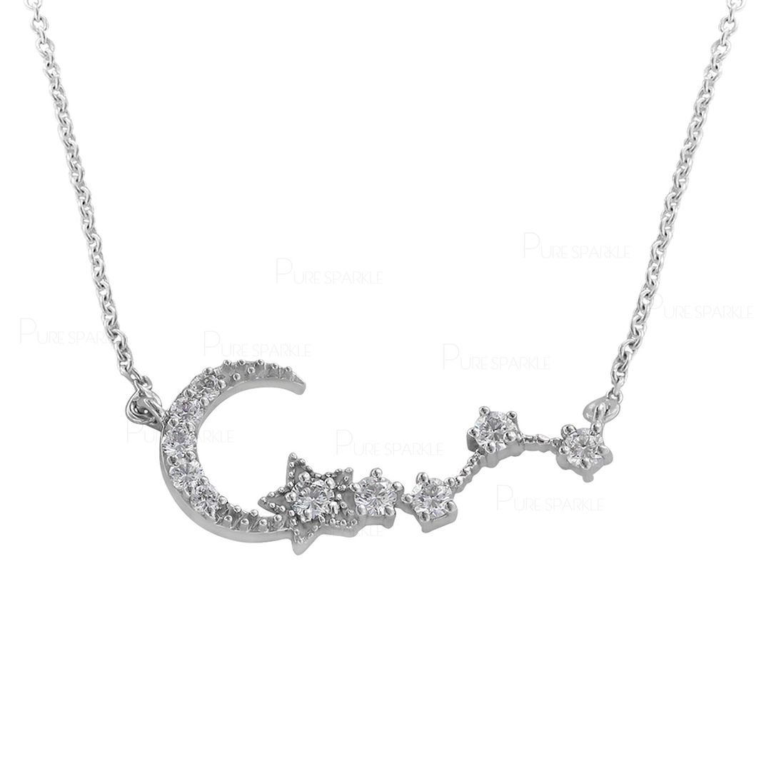 14K Gold 0.30 Ct. Diamond Crescent Moon Star Necklace Christmas Gift