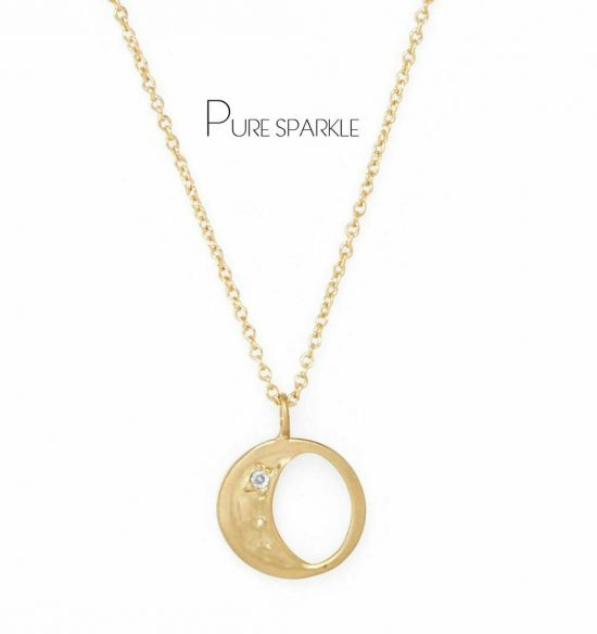 14K Gold 0.01 Ct. Diamond Crescent Moon Circle Design Pendant Necklace