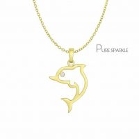 14K Gold 0.01 Ct. Diamond Dolphin Pendant Necklace Fine Jewelry