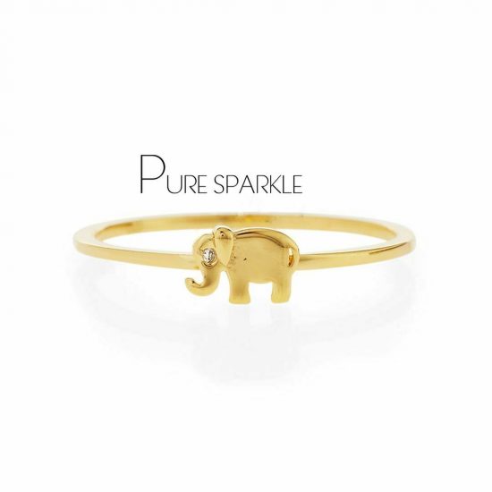 14K Gold 0.01 Ct. Diamond Elephant Ring Handmade Fine Jewelry