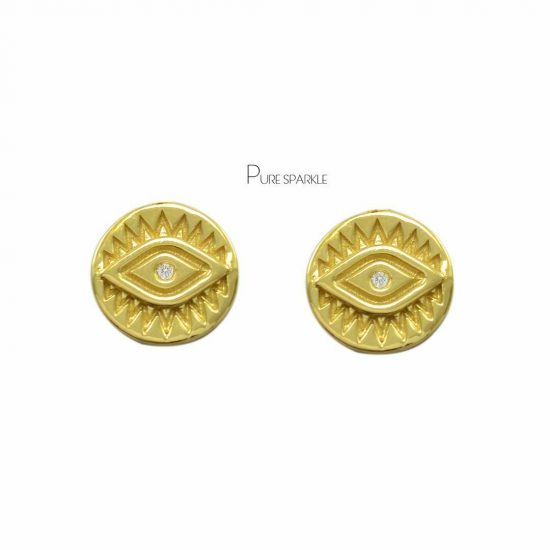 14K Gold 0.01 Ct. Diamond Evil Eye Disc Studs Earrings Fine Jewelry
