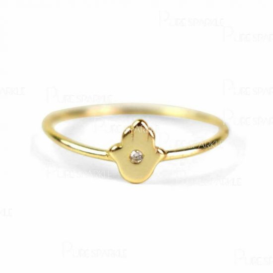 14K Gold 0.01 Ct. Diamond Hamsa "Hand of Mary" Ring Fine Jewelry