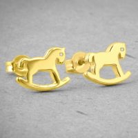 14K Gold 0.01 Ct. Diamond Tiny Rocking Horse Studs Earrings Fine Jewelry