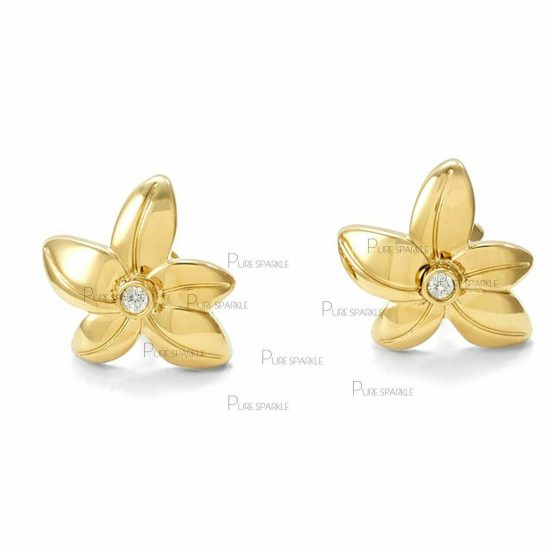 14K Gold 0.02 Ct. Diamond 10 mm Shiny Floral Studs Earrings Fine Jewelry