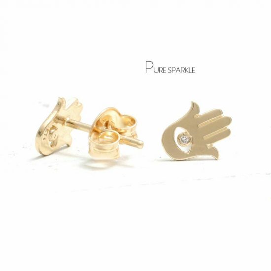 14K Gold 0.02 Ct. Diamond Hamsa Hand Studs Earrings Fine Jewelry