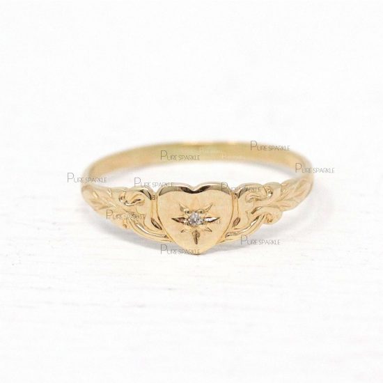 14K Gold 0.02 Ct. Diamond Love Heart Unique Band Ring Fine Jewelry