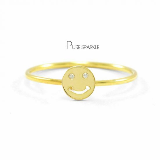 14K Gold 0.02 Ct. Diamond Smiley Emoji Ring Fine Jewelry Size-3 to 8 US