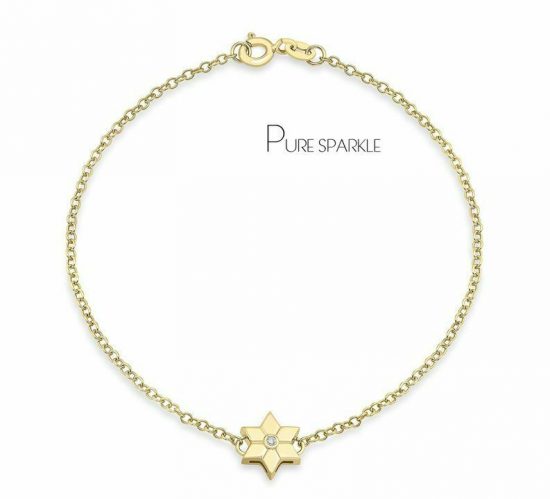 14K Gold 0.02 Ct. Diamond Unique Star Charm Bracelet Fine Jewelry