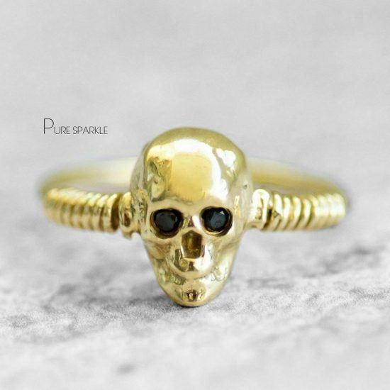 14K Gold 0.03 Ct. Black Diamond Skull Design Halloween Ring Fine Jewelry