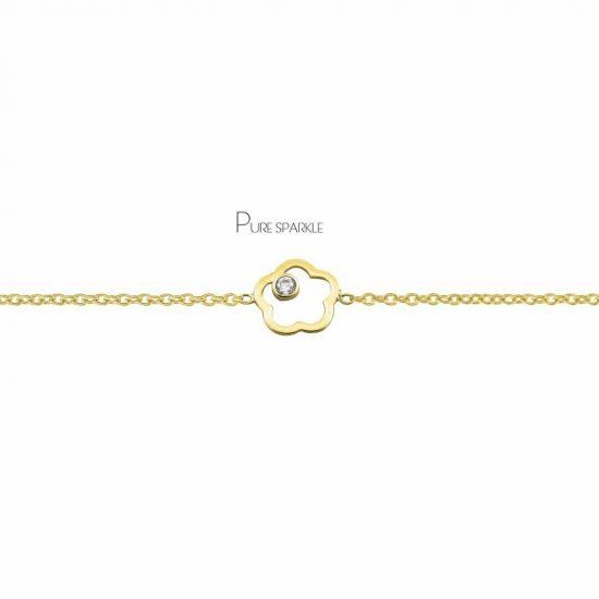 14K Gold 0.03 Ct. Diamond Flower Chain Bracelet Handmade Fine Jewelry