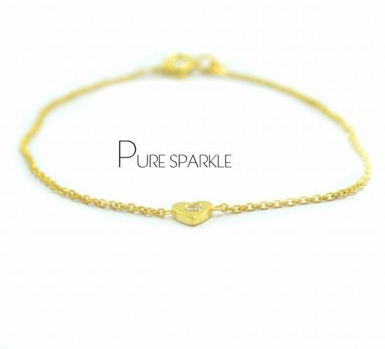 14K Gold 0.03 Ct. Diamond Heart Charm Chain Bracelet Fine Jewelry