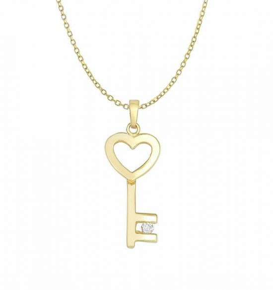 14K Gold 0.03 Ct. Diamond Love Heart Key Pendant Wedding Necklace