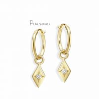 14K Gold 0.03 Ct. Diamond Rhombus Dangle Hoop Earrings Fine Jewelry