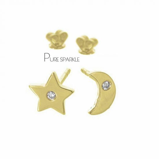 14K Gold 0.03 Ct. Diamond Star Moon Stud Earrings Christmas Fine Jewelry