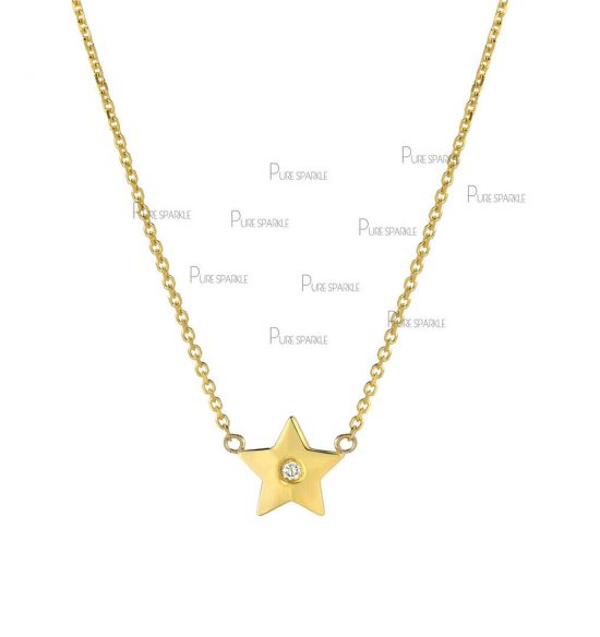 14K Gold 0.03 Ct. Diamond Star Shape Pendant Necklace Celestial Jewelry