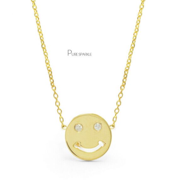 14K Gold 0.03Ct. Diamond Smiley Face Emoji Pendant Necklace Fine Jewelry