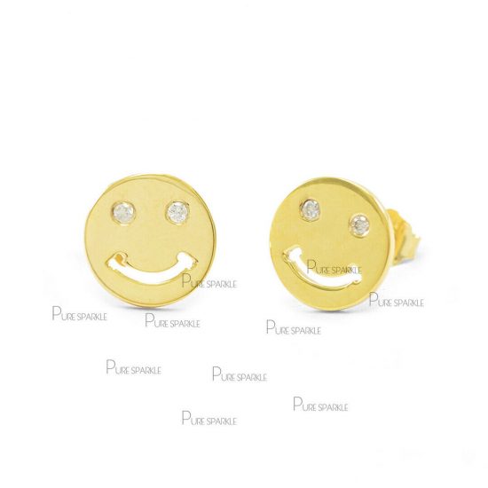 14K Gold 0.04 Ct. Diamond 8 mm Smiley Emoji Earrings Fine Jewelry