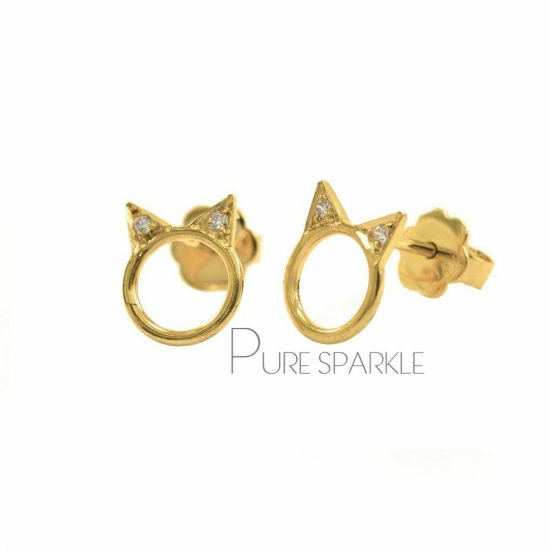 14K Gold 0.04 Ct. Diamond 9 mm Cat Animal Earring Handmade Fine Jewelry