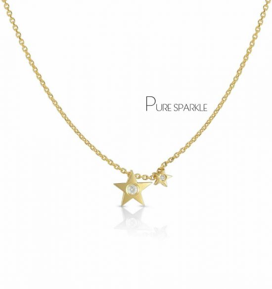 14K Gold 0.04 Ct. Diamond Double Star Necklace Christmas Fine Jewelry