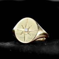 14K Gold 0.04 Ct. Diamond Engraved Starburst Signet Ring Fine Jewelry