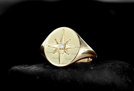 14K Gold 0.04 Ct. Diamond Engraved Starburst Signet Ring Fine Jewelry