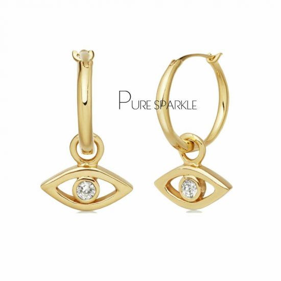 14K Gold 0.04 Ct. Diamond Evil Eye Design Hoop Earrings Fine Jewelry