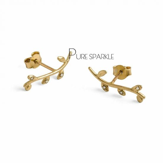 14K Gold 0.04 Ct. Diamond Leaf Design Ear Crawler Earrings Fine Jewelry