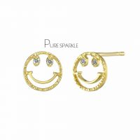 14K Gold 0.04 Ct. Diamond Smiley Face Earrings Handmade Fine Jewelry