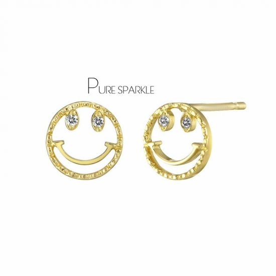 14K Gold 0.04 Ct. Diamond Smiley Face Earrings Handmade Fine Jewelry