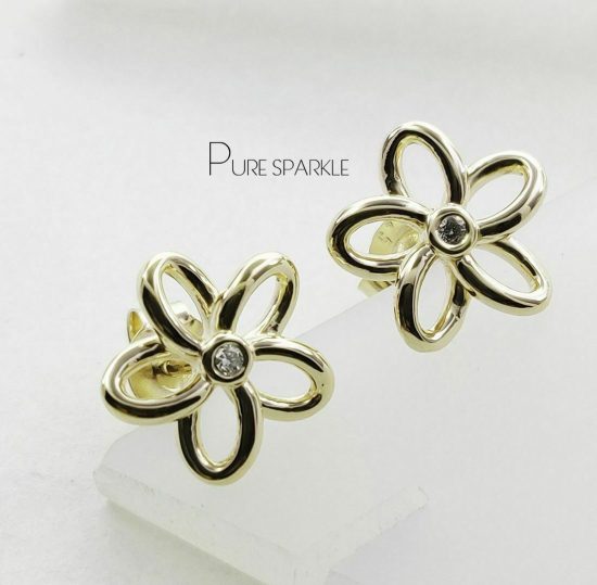 14K Gold 0.05 Ct. Diamond Flower Design Mini Studs Earrings Fine Jewelry