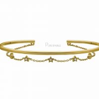 14K Gold 0.05 Ct. Diamond Star Cuff Chain Handmade Bangle BraceletFine Jewelry
