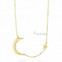 14K Gold 0.06 Ct. Diamond Crescent Moon Star Necklace Christmas Jewelry