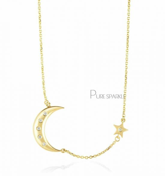 14K Gold 0.06 Ct. Diamond Crescent Moon Star Necklace Christmas Jewelry