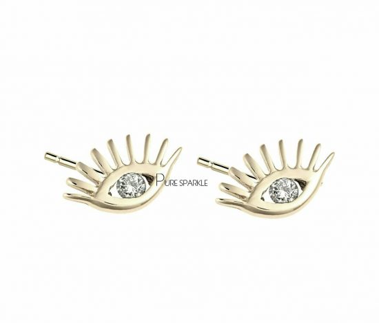 14K Gold 0.06 Ct. Diamond Evil Eye Woman's Studs Earrings Fine Jewelry
