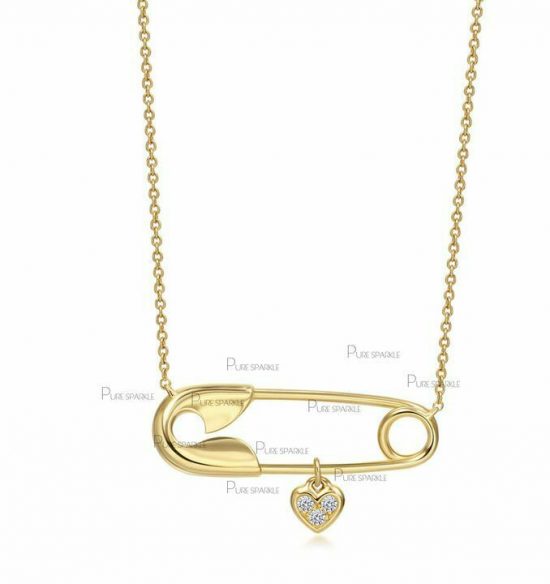 14K Gold 0.06 Ct. Diamond Safety Pin Heart Pendant Necklace Fine Jewelry