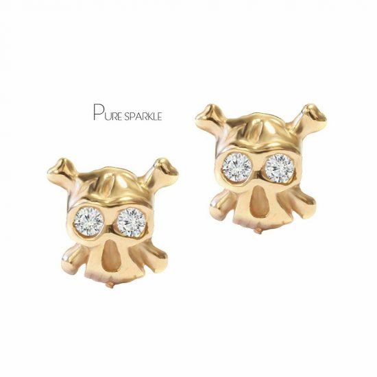 14K Gold 0.06 Ct. Diamond Skull Studs Earrings Halloween Fine Jewelry