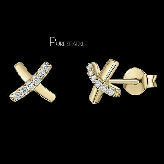 14K Gold 0.06 Ct. Diamond X Shape Minimal Studs Earrings Fine Jewelry